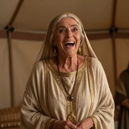 dramatic film still of 80 year old Mediterranean skinned woman in ancient Canaanite clothing laughing, embarrassed, surprised, ancient interior tent background, Biblical epic movie