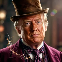 portrait of donald trump as willy! wonka! in avengers movie, fantasy, splash art, avengers movie, movie still, detailed face, photorealistic facial features, cinematic lighting, dramatic, octane render, long lens, shallow depth of field, bokeh, anamorphic lens flare, 8 k, hyper detailed, 3 5 mm film grain