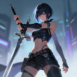 a woman with a sword in her hand, cyberpunk art by ross tran, trending on artstation, fantasy art, anime, artstation hd, anime aesthetic