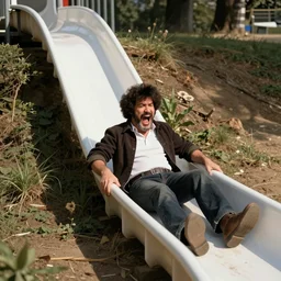 bob ross sliding down a giant slide and screaming