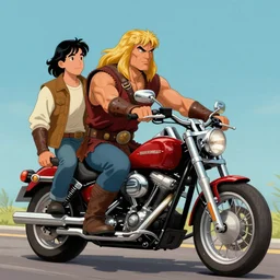 colorful portrait of conan the barbarian riding a harley davidson motorcycle, rodel gonzalez, marc davis, milt kahl, jim warren, don bluth, glen keane, jason deamer, rob kaz, character art, concept art, studio portrait