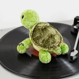 a turtle plush toy on top of a vinyl record
