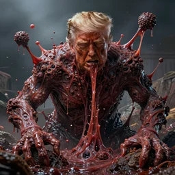 donald trump's disgusting true form bursting from within, gross, slimy, sleazy, pustules, high details, intricate details, by brian froud