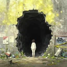 masamune shirow, ghibli, miyazaki movie scene, vansishing point, focal point, ultra wide, brutalist, white hoodie girl outside a large hole in the side of a concrete wall, over exposed, yellow dappled light, black depths, posters, notices, graffiti, banners, police tape, junk, overgrown, spiderwebs