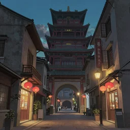 old chinatown, urban landscape, evening, highly detailed, low angle view, studio ghibli, artstation