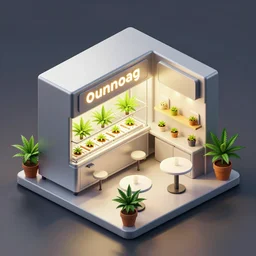 isometric cartoon cannabis cafe interior shop axonometric hydroponic cake machine, aluminum sheen, few hyperrealistic plants in detail pots, by benoit mandelbrot, cute minimal concept art illustrated by anni albers