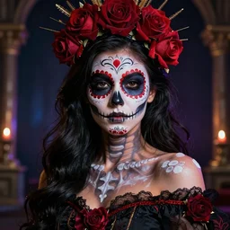 lanaya in dota 2, dia de los muertos makeup, day of the dead outfit, decorative roses, by wlop and greg rutkowski, magical atmosphere, octane render, trending on artstation, hyperdetailed face, cinematic, hyper realism