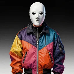 illustration of model in plastic space mask wearing baggy colorful 9 0 s rick owens jacket by frank frazetta. movie poster.