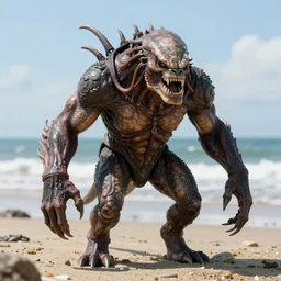 incredibly realistic, too detailed fullbody of apex predator monster in a sunny low tide beach, octane render, bump mapping, macro image, global illumination, 8 k, bokeh, enki bilal, yuji himukai, jen zee, mohrbacher