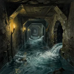 deep water flows through waist - deep flooded sewer tunnels. fantasy art, underground, stream, crumbling masonry, darkness, sewage falling from grates, abandoned spaces, torchlight. concept sketch art by gustave dore and greg rutkowski.