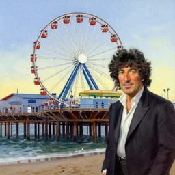bob ross painting of santa monica pier ferris wheel
