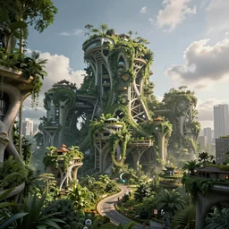 biophilic design, utopian structures, hyper real, photographic, urban green, volumetric, cinematic, weta digital