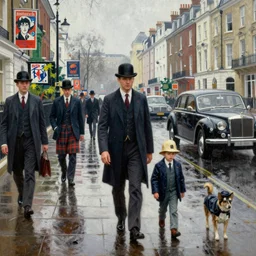 oil painting of mornington crescent, rain in the southeast, men wearing bowler hats, kids with spats on their shoes, ladies with chauffeurs, dogs wearing hats and jackets, rich apartments, old punk posters, tartan garments, by neo rauch, by peter blake