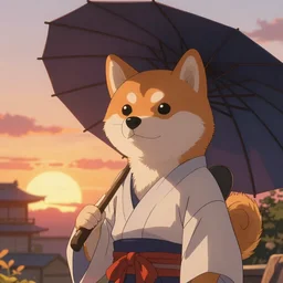 Shiba inu boy with an umbrella, furry, anthro, feudal japan, sunset, detailed, HD, anime art style