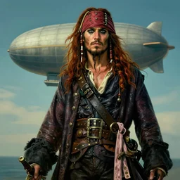 portrait painting of a 3 0 years old rugged masculine male pirate long long hair soft hair crimson hair upper body long coat elegant muscular rugged handsome floating zeppelin in background sky, unreal 4 key art cinematic lighting art 1 9 2 0 period drama photo realism by mucha rutkowski artgerm