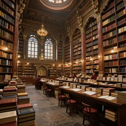 Inside The Great Vajrayana Dzogchen Cathedral Temple Secret Library, thousands of books and sacred texts piled up, reading desks for scholar monks, beautiful lighting, cinematic concept art matte painting, intricate detailed stunning incredible, trending on Artstation