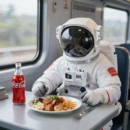 lomo astronaut having dinner with cocacola in train