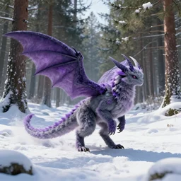 realistic moth dragon, furry, long tail and antennae, grey and purple color scheme, in a snowy pine forest, dynamic shadows, dynamic colors, trending on artstation, 4 k