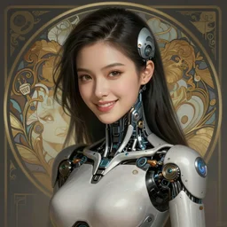 portrait of beautiful smiling ultra realistic illustration, beautiful alluring female cyborg, cyberpunk, sci - fi, fantasy, intricate, elegant, highly detailed, digital painting, artstation, concept art, smooth, sharp focus, illustration, art by yintion j, jiang geping and artgerm and greg rutkowski and alphonse mucha.