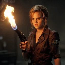 film still of Emma Watson holding a flamethrower in Alien 1979, 4k