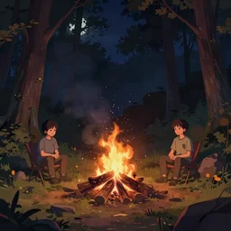 campfire in the night in the middle of the woods, stylized, artgerm, artstation, hd, cgsociety, cgi, realistic, dramatic, cinematic, artistic, trending, detailed