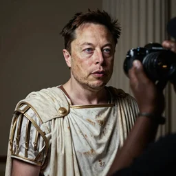 Photographic Portrait Elon Musk as a Roman Emperor taken on an 80mm Camera in dramatic lighting