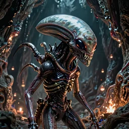 space alien, slimy, glossy, sharp teeth, by h. r. giger, beksinski, nightmare fuel, nightmarish, intricate, highly detailed, optical illusion, stranger things demogorgon, cave lighting, flickering