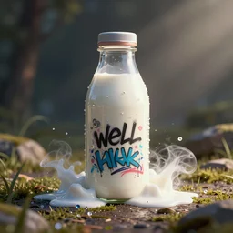 a milk bottle spilling out graffiti and bling, 3d, fake caustics, cinema 4d, maxon one, trending on behance, strong composition, Beautiful colors.