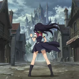 anime frames, anime visual, full body portrait of a young woman in the medieval city square looking at the fantasy palace in the distance, cute face by ilya kuvshinov, akihiro yoshida, dynamic pose, dynamic perspective, rounded eyes, moody, psycho pass, kyoani, yoh yoshinari