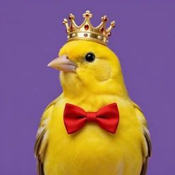 an elegant yellow canary bird wearing a crown and a red bow tie, purple background, very beautiful, artstation, high quality, sharp, by greg rutkowski, by artgerm, by alphonse mucha