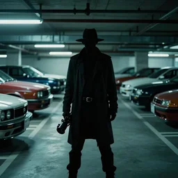 blade runner movie still of a silhouetted yakuza in an underground parking lot with many exotic cars, rack focus, close establishing shot, monochromatic teal, dark teal lighting, soft dramatic lighting, 4 k digital camera
