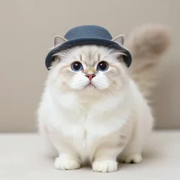 smol fluffy cat wearing smol hat, big round blue cat eyes, fluffy tail,