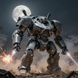 a very big grey giant mechanical weapons battle armor mechwarrior in battle, lazers, explosions, dust, dim sky, very big moon, some smoke, a little bit yellow lights, smooth, sharp focus, superior quality, 8 k, cinematic lighting, octane render, wide angle, by bilibin, kuvshinov, malevich and mucha