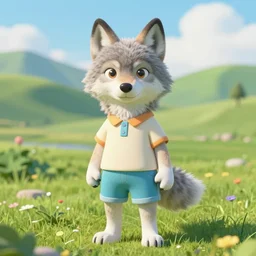 Beautiful portrait of an anthro wolf wearing a cute  summer outfit in green landscape