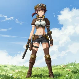 girl with steampunk weapons and uniform, serious, finely detailed, made by wlop, artgerm, full body portrait, illustration, grass, sunny, sky, anime, side view, perfect anime face, detailed face, zoomed out, smooth,