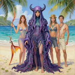 portrait of girl on vacation on caribbean island, wearing cthulhu costume. intricate painting by ross tran, magali villeneuve, and jeremy mann.