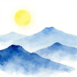 painting of layered blue mountains with a white background, a bright yellow sun. light elements of water color