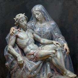 la pieta ultrarealistic ultradetailed medium shot painting of slimy catholic veiled transparent lady with nervous system still life, greg rutkowski, peter gric, immerse, 1 9 th, special effects makeup, masterpiece, maximalist, glittering, gold, ivory, hyperreal, golden ratio, alphonse mucha