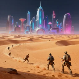 realistic landscape beautiful detailed 3 d painting of cinematic movie scene, voltes v build up in sahara dessert. action sequence, created by gustave dore and greg rutkowski, high detailed, smooth draw, synthwave neon retrofuturism, intricate, realistic proportions, dramatic lighting, trending on artstation.