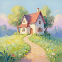 a fairytale house, a path leading to the house in curve shape, painting art work, very fantastic art, colors very soft and attractive