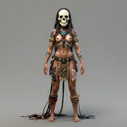 woman, amazon tribe, body paintings, full character, character concept, skull mask, long hair, dred, 4 k, by greg rutkowski, complementing colors
