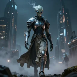 an alien with glowing smoky eyes wearing a long flowing cloth shirt over stylish large plate armor walking to a tall alien city in the background, night sky, dramatic lighting, light fog, dramatic colors, 8 k cg render, highly detailed, trending on artstation