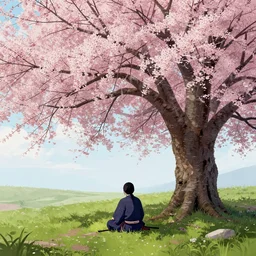 A lone samurai sitting in a field of cherry blossom trees, decayed, glitch art, concept art, HD —H 1024