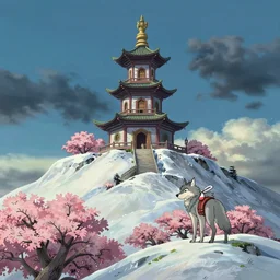 a wholesome animation key shot, wolf spirit totem temple on top of a snowy mountain, studio ghibli, pixar and disney animation, sharp, rendered in unreal engine 5, anime key art by greg rutkowski, bloom, dramatic lighting