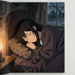girl sleep snuggled up in a cozy room - poster by wlop, kiyohara tama, krenz cushart, masamune shirow, makoto shinkai. rainy weather. featured on pixiv, anime aesthetic, pixiv, anime, warm aesthetic, cold tones, artstation, vanitas, official art, gothic, noise film photo. detailed face