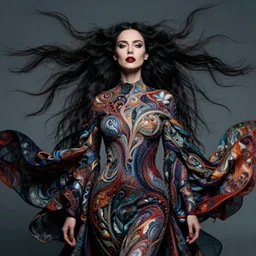 portrait of woman with long hair by peter mohrbacher, clothing by kilian eng, billowing, dramatic, dynamic lighting, intricate, detailed, aesthetics by beksinski, dan mumford, trending on artstation, art by greg rutkowski, sharp focus, motion, symmetrical features, david cronenberg vibrant colours, dynamic lighting, photoreal, 8 k
