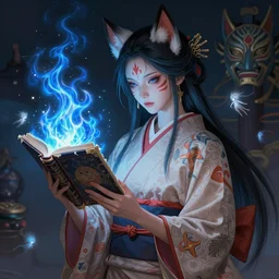 gorgeous!!! hyper - realstic kitsune sorceress wearing a kimono, holding a tattered magical book, casting a flame spell, blue flames, surrounded by tiny spirits, tribal face markings | drawn by wlop, drawn by jeehyung lee, drawn by artgerm | fantasy, dark, intricate, highly detailed, digital painting, character design, concept art, illustration, artstation