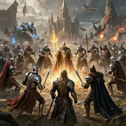 an epic fantasy battle, paladins, mages, sorcerers, warriors, generals, cinematic, 8 k