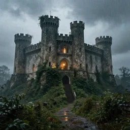 matte painting, castle, dramatic landscape, overgrown, cinematic, overcast, interior light, rain