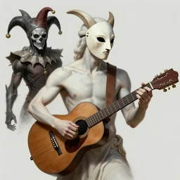 a digital painting of a ancient greek satyr wearing a mask playing a guitar, young handsome pale roma, grim dark jester from gwent cards, a character portrait by senior character artist, polycount, vanitas, sketchfab, speedpainting, zbrush